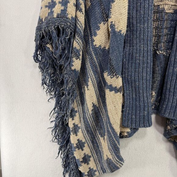 Lauren Ralph Lauren Poncho Cardigan Women L Blue Beige Wool Linen Southwestern - Picture 14 of 15